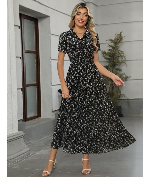 Kranda Women 2025 Summer Fall Collared V Neck Short Sleeve Button Down Chiffon Long Tiered Floral Maxi Dress with Pockets