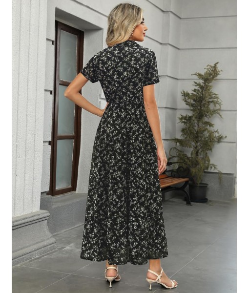 Kranda Women 2025 Summer Fall Collared V Neck Short Sleeve Button Down Chiffon Long Tiered Floral Maxi Dress with Pockets