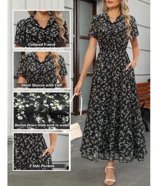 Kranda Women 2025 Summer Fall Collared V Neck Short Sleeve Button Down Chiffon Long Tiered Floral Maxi Dress with Pockets