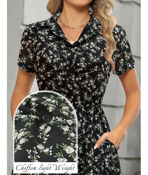 Kranda Women 2025 Summer Fall Collared V Neck Short Sleeve Button Down Chiffon Long Tiered Floral Maxi Dress with Pockets