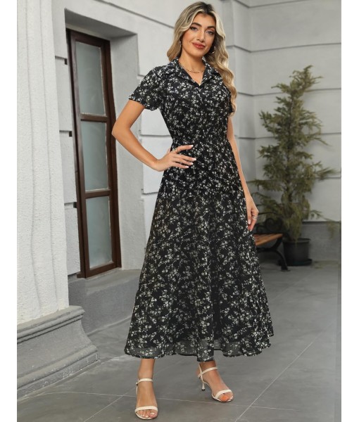Kranda Women 2025 Summer Fall Collared V Neck Short Sleeve Button Down Chiffon Long Tiered Floral Maxi Dress with Pockets