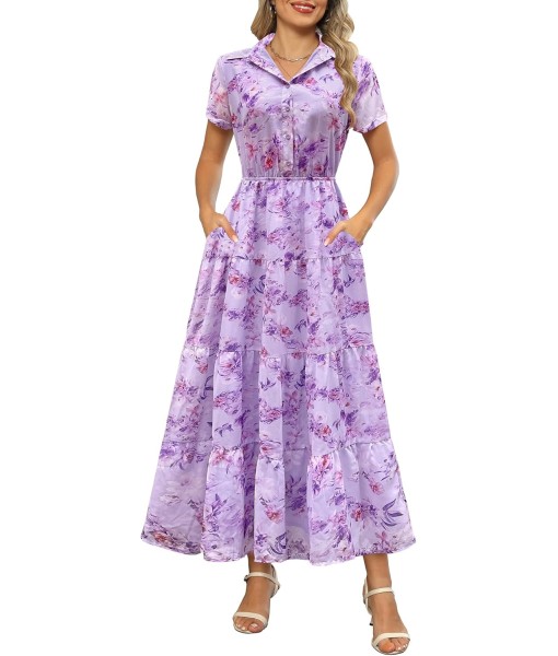Kranda Women 2025 Summer Fall Collared V Neck Short Sleeve Button Down Chiffon Long Tiered Floral Maxi Dress with Pockets