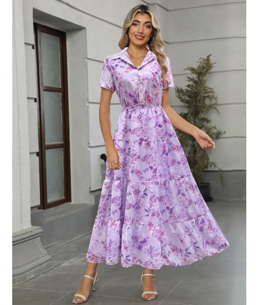 Kranda Women 2025 Summer Fall Collared V Neck Short Sleeve Button Down Chiffon Long Tiered Floral Maxi Dress with Pockets