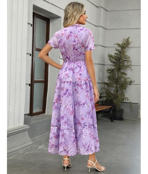 Kranda Women 2025 Summer Fall Collared V Neck Short Sleeve Button Down Chiffon Long Tiered Floral Maxi Dress with Pockets