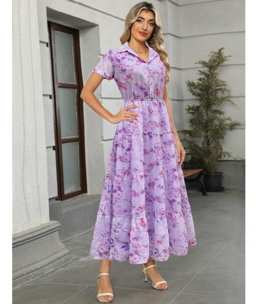 Kranda Women 2025 Summer Fall Collared V Neck Short Sleeve Button Down Chiffon Long Tiered Floral Maxi Dress with Pockets