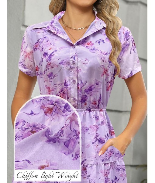 Kranda Women 2025 Summer Fall Collared V Neck Short Sleeve Button Down Chiffon Long Tiered Floral Maxi Dress with Pockets