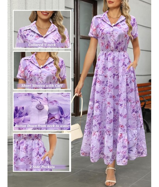 Kranda Women 2025 Summer Fall Collared V Neck Short Sleeve Button Down Chiffon Long Tiered Floral Maxi Dress with Pockets