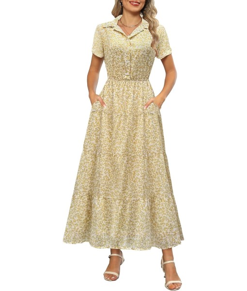 Kranda Women 2025 Summer Fall Collared V Neck Short Sleeve Button Down Chiffon Long Tiered Floral Maxi Dress with Pockets
