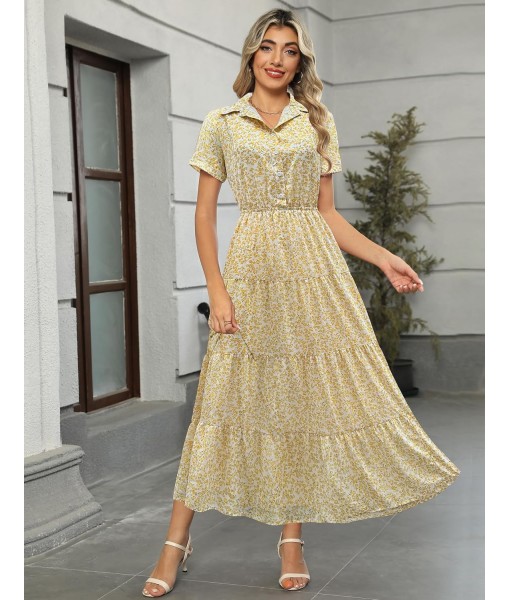 Kranda Women 2025 Summer Fall Collared V Neck Short Sleeve Button Down Chiffon Long Tiered Floral Maxi Dress with Pockets