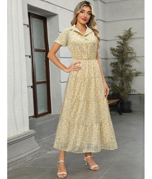 Kranda Women 2025 Summer Fall Collared V Neck Short Sleeve Button Down Chiffon Long Tiered Floral Maxi Dress with Pockets