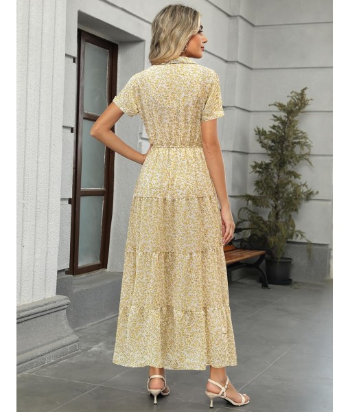 Kranda Women 2025 Summer Fall Collared V Neck Short Sleeve Button Down Chiffon Long Tiered Floral Maxi Dress with Pockets