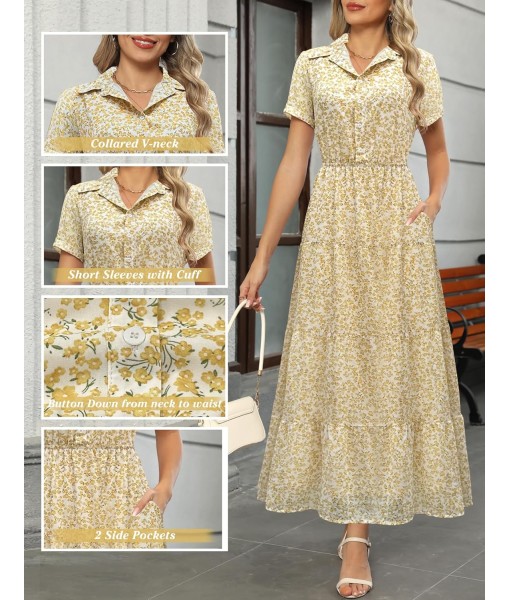 Kranda Women 2025 Summer Fall Collared V Neck Short Sleeve Button Down Chiffon Long Tiered Floral Maxi Dress with Pockets
