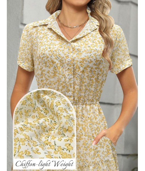 Kranda Women 2025 Summer Fall Collared V Neck Short Sleeve Button Down Chiffon Long Tiered Floral Maxi Dress with Pockets