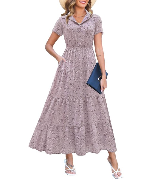 Kranda Women 2025 Summer Fall Collared V Neck Short Sleeve Button Down Chiffon Long Tiered Floral Maxi Dress with Pockets