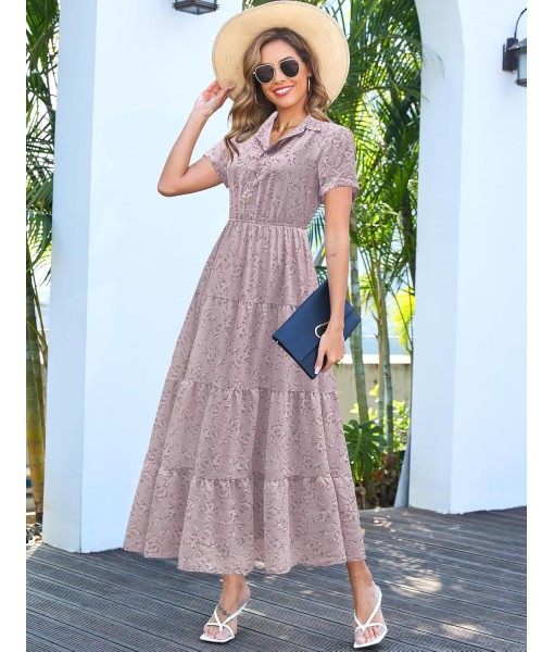 Kranda Women 2025 Summer Fall Collared V Neck Short Sleeve Button Down Chiffon Long Tiered Floral Maxi Dress with Pockets