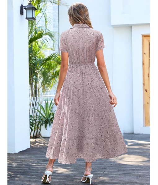 Kranda Women 2025 Summer Fall Collared V Neck Short Sleeve Button Down Chiffon Long Tiered Floral Maxi Dress with Pockets