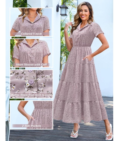 Kranda Women 2025 Summer Fall Collared V Neck Short Sleeve Button Down Chiffon Long Tiered Floral Maxi Dress with Pockets