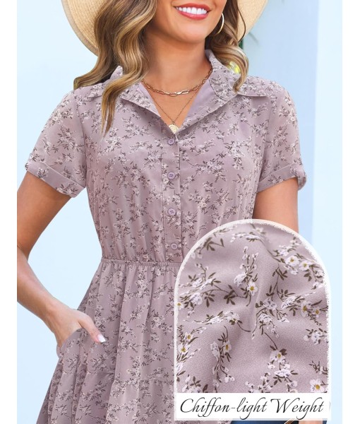 Kranda Women 2025 Summer Fall Collared V Neck Short Sleeve Button Down Chiffon Long Tiered Floral Maxi Dress with Pockets