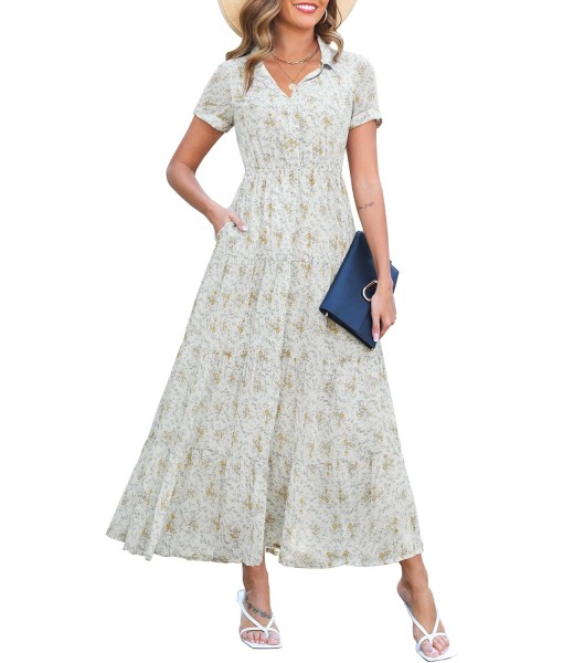 Kranda Women 2025 Summer Fall Collared V Neck Short Sleeve Button Down Chiffon Long Tiered Floral Maxi Dress with Pockets