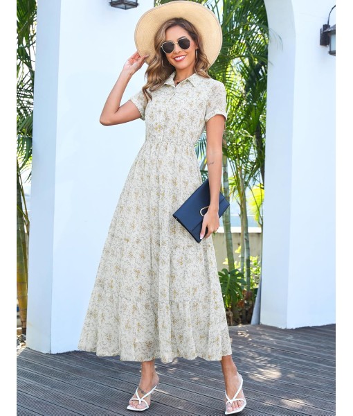 Kranda Women 2025 Summer Fall Collared V Neck Short Sleeve Button Down Chiffon Long Tiered Floral Maxi Dress with Pockets