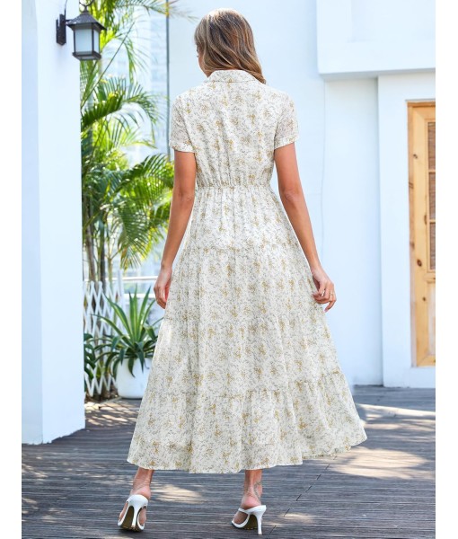 Kranda Women 2025 Summer Fall Collared V Neck Short Sleeve Button Down Chiffon Long Tiered Floral Maxi Dress with Pockets