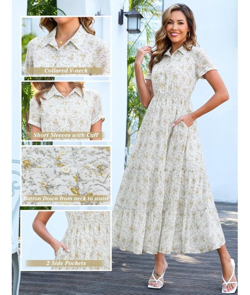 Kranda Women 2025 Summer Fall Collared V Neck Short Sleeve Button Down Chiffon Long Tiered Floral Maxi Dress with Pockets