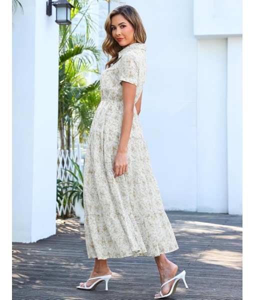 Kranda Women 2025 Summer Fall Collared V Neck Short Sleeve Button Down Chiffon Long Tiered Floral Maxi Dress with Pockets