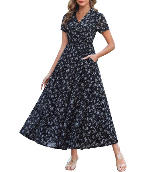 Kranda Women 2025 Summer Fall Collared V Neck Short Sleeve Button Down Chiffon Long Tiered Floral Maxi Dress with Pockets