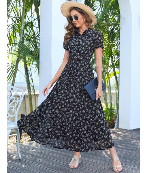 Kranda Women 2025 Summer Fall Collared V Neck Short Sleeve Button Down Chiffon Long Tiered Floral Maxi Dress with Pockets