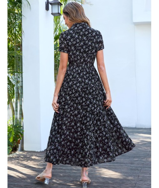 Kranda Women 2025 Summer Fall Collared V Neck Short Sleeve Button Down Chiffon Long Tiered Floral Maxi Dress with Pockets