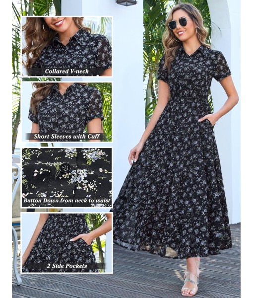 Kranda Women 2025 Summer Fall Collared V Neck Short Sleeve Button Down Chiffon Long Tiered Floral Maxi Dress with Pockets