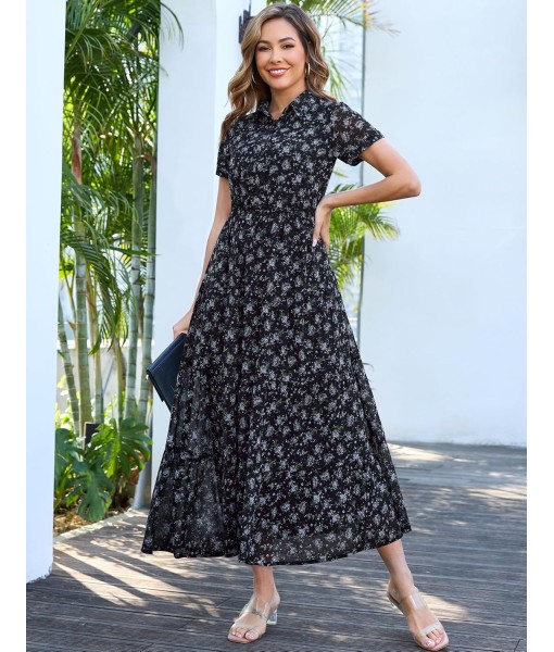 Kranda Women 2025 Summer Fall Collared V Neck Short Sleeve Button Down Chiffon Long Tiered Floral Maxi Dress with Pockets