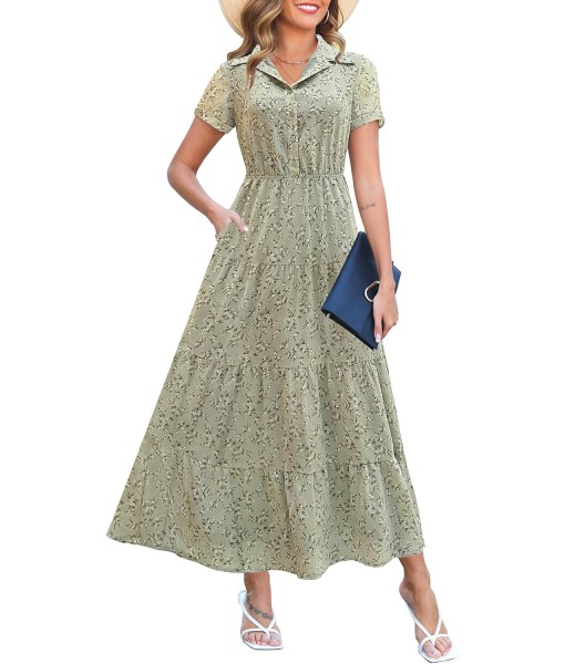 Kranda Women 2025 Summer Fall Collared V Neck Short Sleeve Button Down Chiffon Long Tiered Floral Maxi Dress with Pockets