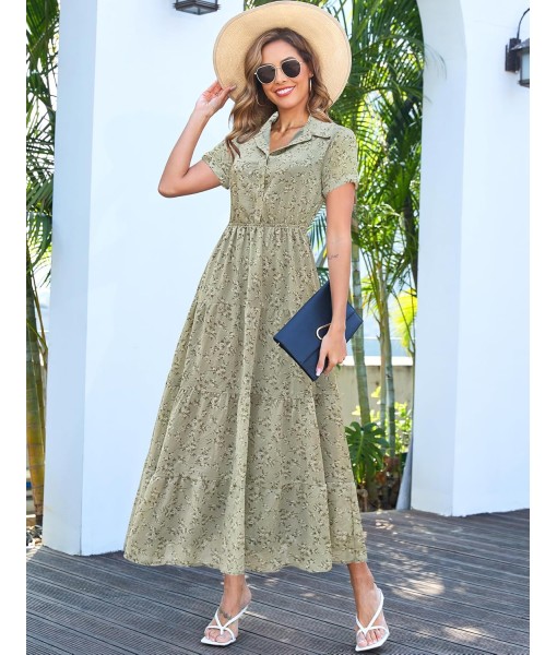 Kranda Women 2025 Summer Fall Collared V Neck Short Sleeve Button Down Chiffon Long Tiered Floral Maxi Dress with Pockets