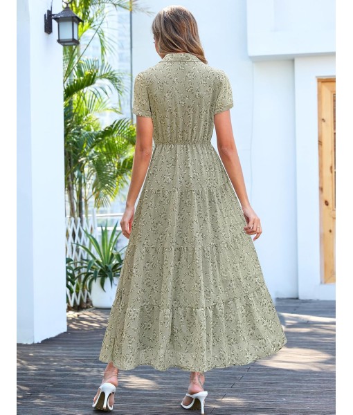Kranda Women 2025 Summer Fall Collared V Neck Short Sleeve Button Down Chiffon Long Tiered Floral Maxi Dress with Pockets