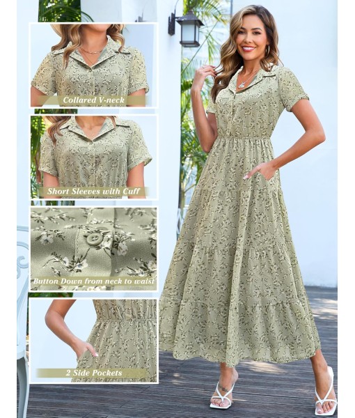 Kranda Women 2025 Summer Fall Collared V Neck Short Sleeve Button Down Chiffon Long Tiered Floral Maxi Dress with Pockets