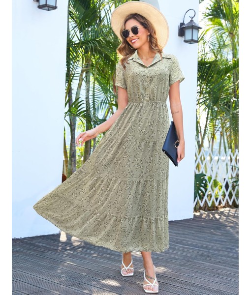 Kranda Women 2025 Summer Fall Collared V Neck Short Sleeve Button Down Chiffon Long Tiered Floral Maxi Dress with Pockets
