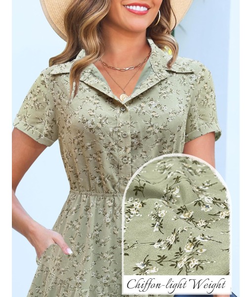 Kranda Women 2025 Summer Fall Collared V Neck Short Sleeve Button Down Chiffon Long Tiered Floral Maxi Dress with Pockets