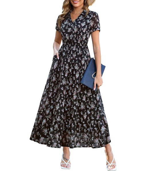 Kranda Women 2025 Summer Fall Collared V Neck Short Sleeve Button Down Chiffon Long Tiered Floral Maxi Dress with Pockets