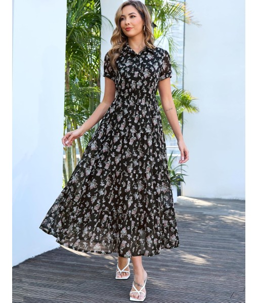 Kranda Women 2025 Summer Fall Collared V Neck Short Sleeve Button Down Chiffon Long Tiered Floral Maxi Dress with Pockets