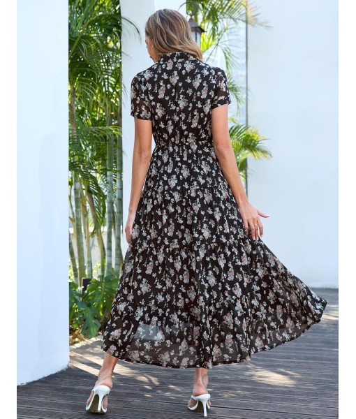 Kranda Women 2025 Summer Fall Collared V Neck Short Sleeve Button Down Chiffon Long Tiered Floral Maxi Dress with Pockets