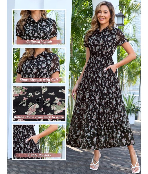 Kranda Women 2025 Summer Fall Collared V Neck Short Sleeve Button Down Chiffon Long Tiered Floral Maxi Dress with Pockets