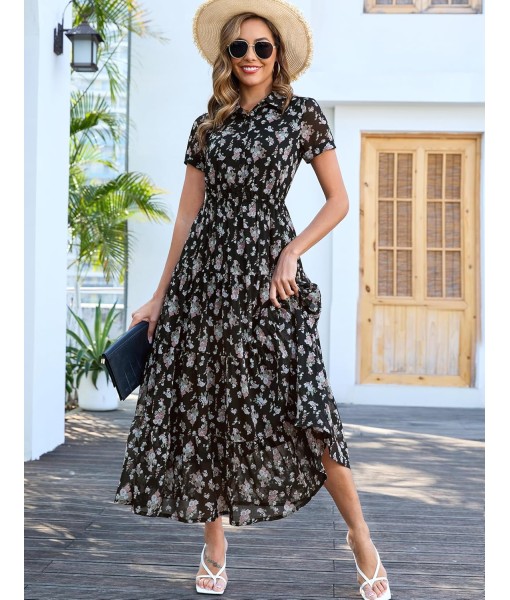 Kranda Women 2025 Summer Fall Collared V Neck Short Sleeve Button Down Chiffon Long Tiered Floral Maxi Dress with Pockets