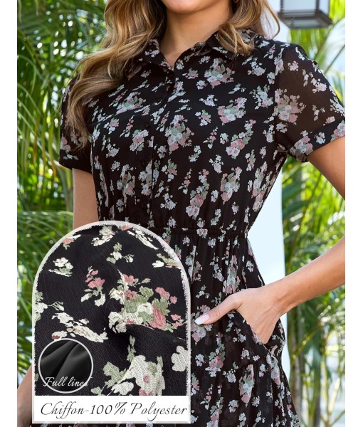 Kranda Women 2025 Summer Fall Collared V Neck Short Sleeve Button Down Chiffon Long Tiered Floral Maxi Dress with Pockets