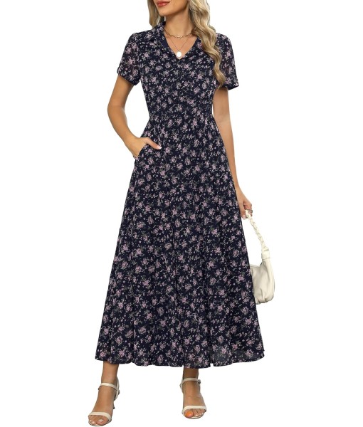 Kranda Women 2025 Summer Fall Collared V Neck Short Sleeve Button Down Chiffon Long Tiered Floral Maxi Dress with Pockets
