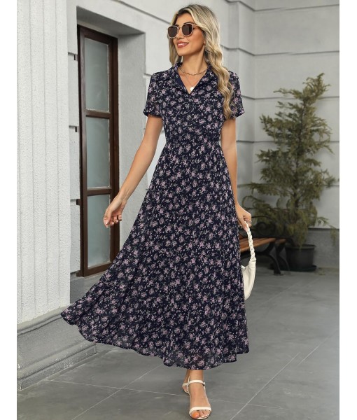 Kranda Women 2025 Summer Fall Collared V Neck Short Sleeve Button Down Chiffon Long Tiered Floral Maxi Dress with Pockets