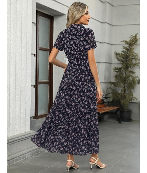 Kranda Women 2025 Summer Fall Collared V Neck Short Sleeve Button Down Chiffon Long Tiered Floral Maxi Dress with Pockets