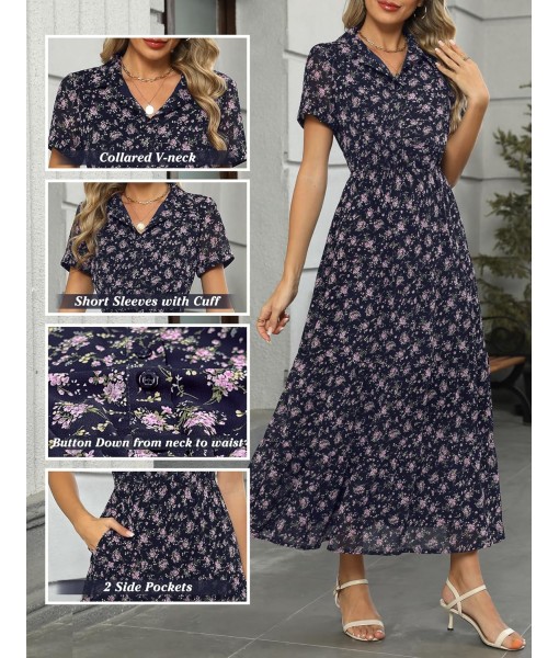 Kranda Women 2025 Summer Fall Collared V Neck Short Sleeve Button Down Chiffon Long Tiered Floral Maxi Dress with Pockets