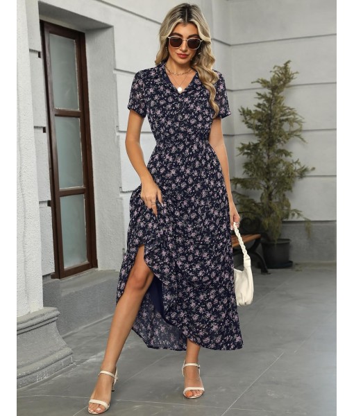 Kranda Women 2025 Summer Fall Collared V Neck Short Sleeve Button Down Chiffon Long Tiered Floral Maxi Dress with Pockets