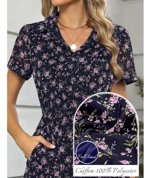 Kranda Women 2025 Summer Fall Collared V Neck Short Sleeve Button Down Chiffon Long Tiered Floral Maxi Dress with Pockets